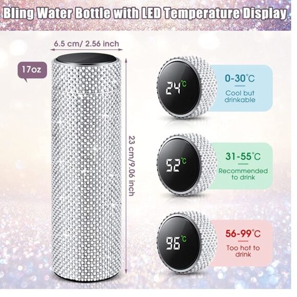 Rhinestone Stainless Steel Vacuum Insulated Water Bottle Thermos LED Temperature - Picture 12 of 15